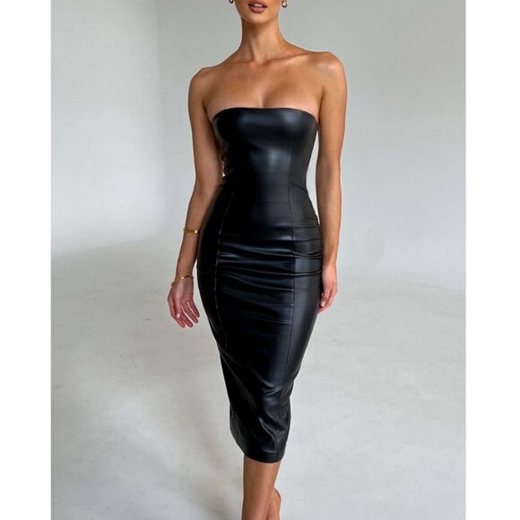 Sexy Black Leather Strapless Tube Top Bodycon Mini Bustier Pencil Midi Dress‎ - Picture 2 of 10